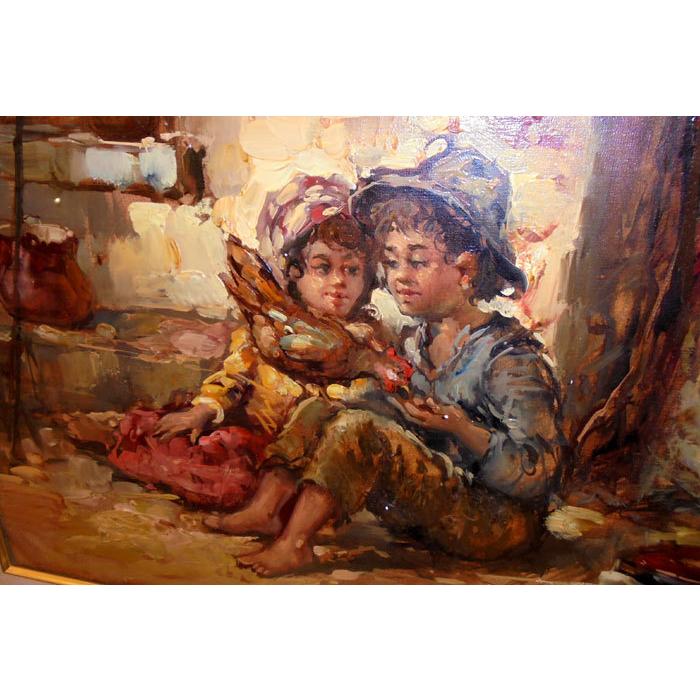油絵 絵 絵画 インテリア F4-051513 人物 可愛い子供たち 絵画 油絵 サルヴァドーリ（イタリア）「農家の子供と鶏」 人物画
