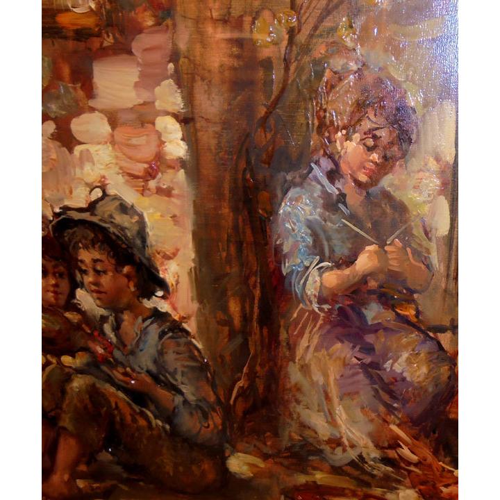 絵画 油絵 サルヴァドーリ（イタリア）「農家の子供と鶏」 人物画