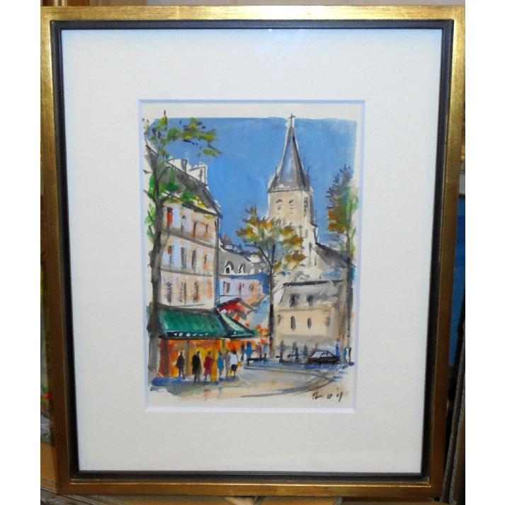 玄関におすすめの絵画 フランス風景 アクリル画 パスカル（フランス） 「パリの街 サンジェルマン・デ・プレ教会」 インテリア | 