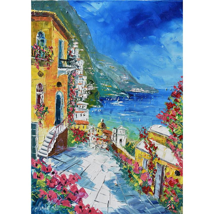 油絵 絵画 マルコ 作 「イタリア風景・アマルフィ海岸」 リビング インテリア 定価280000円 | 
