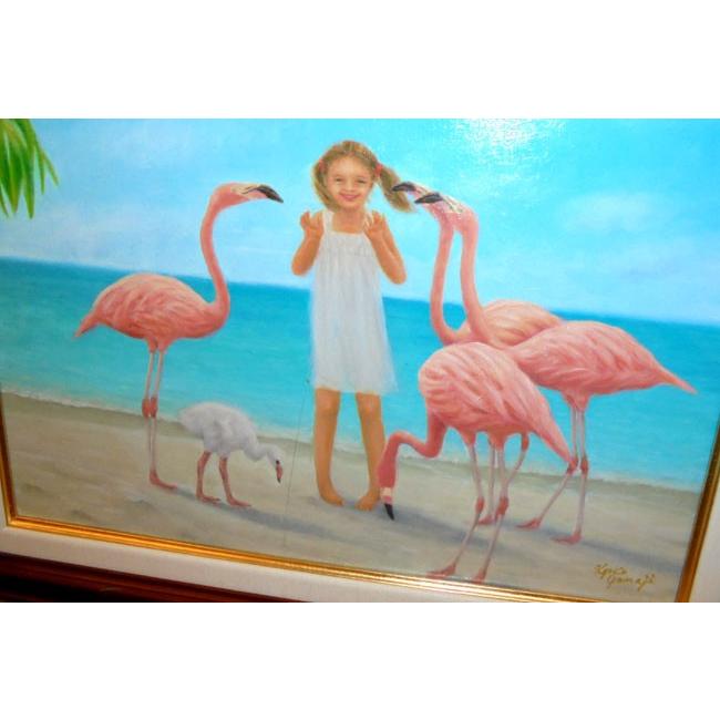 絵画　油絵　山路京子　「フラミンゴビーチ（カリブ海）」　人物　8号インテリア　作　動物