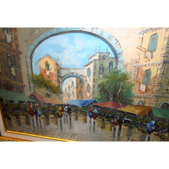 自然風景油絵 絵画 フランコ（イタリア）「ナポリの市場」リビング