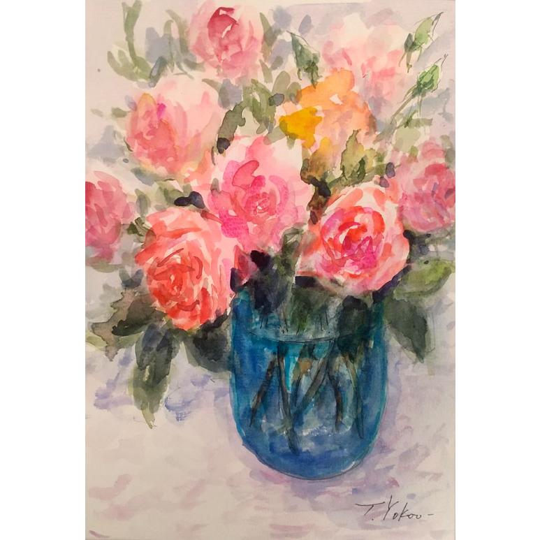 花の絵画 水彩画 横尾武之 作 「バラとブルーのグラス」 風景画 花の絵画 水彩画 横尾武之 作 「バラとブルーのグラス」 風景画