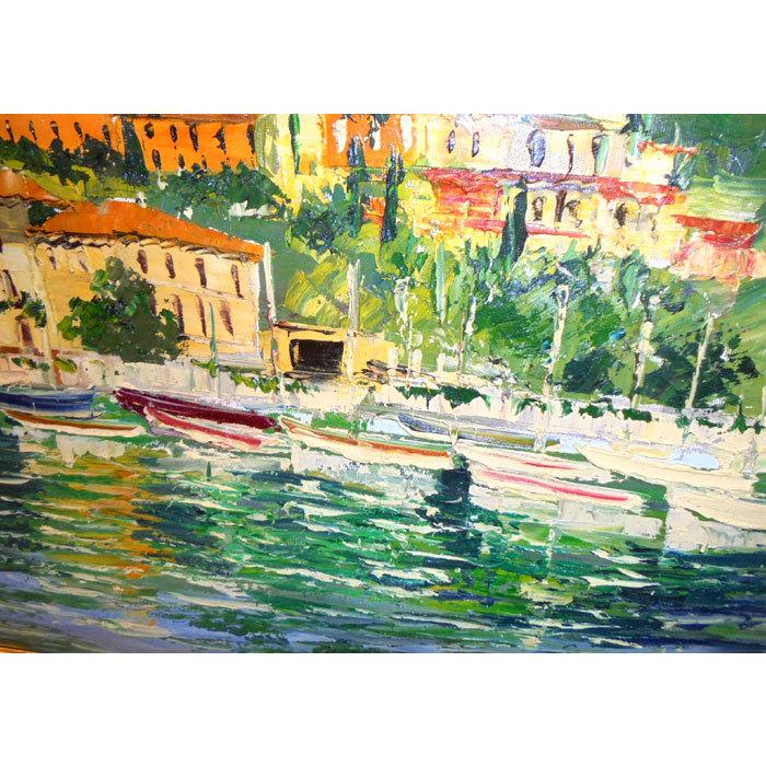 ボートと港の風景画 油彩 ボートと港の風景画 油彩 【公式通販】