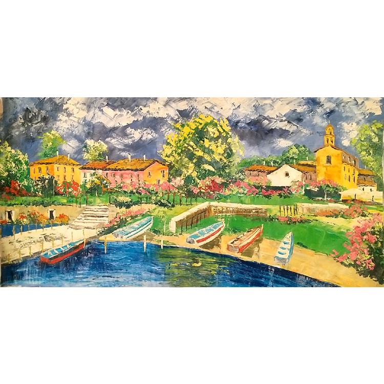 油絵 絵画 マルコ 作 「イタリア風景・海沿いのボート」 リビング インテリア 定価550000円 | 