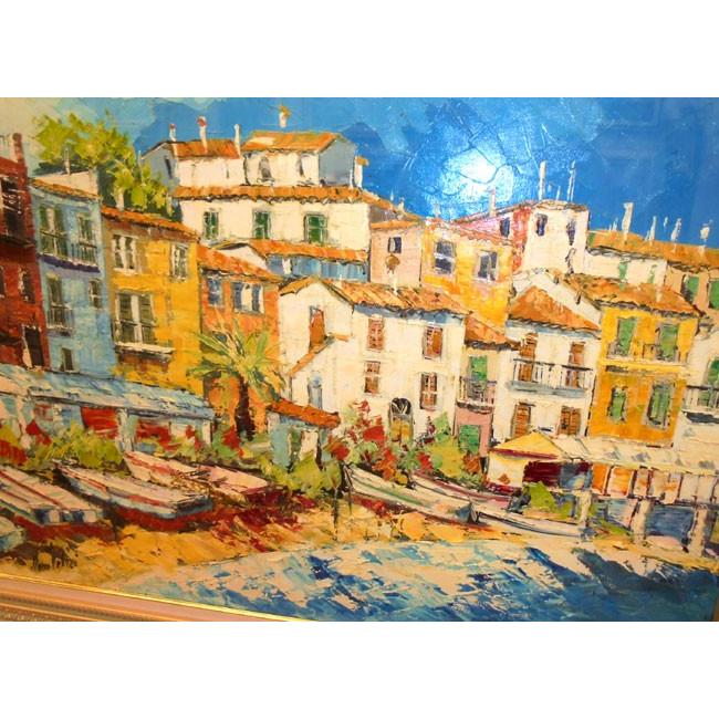 油絵 絵画 マルコ 作 イタリア風景 「海岸沿いのボート」 インテリア リビング 定価550000円_1