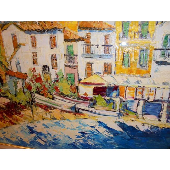 油絵 絵画 マルコ 作 イタリア風景 「海岸沿いのボート」 インテリア リビング 定価550000円_2