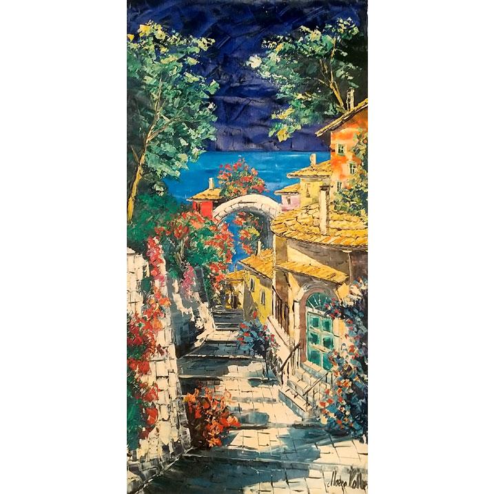 油絵 絵画 マルコ 作 イタリア風景 「地中海の見える階段」 インテリア リビング　通常価格550,000円 | 