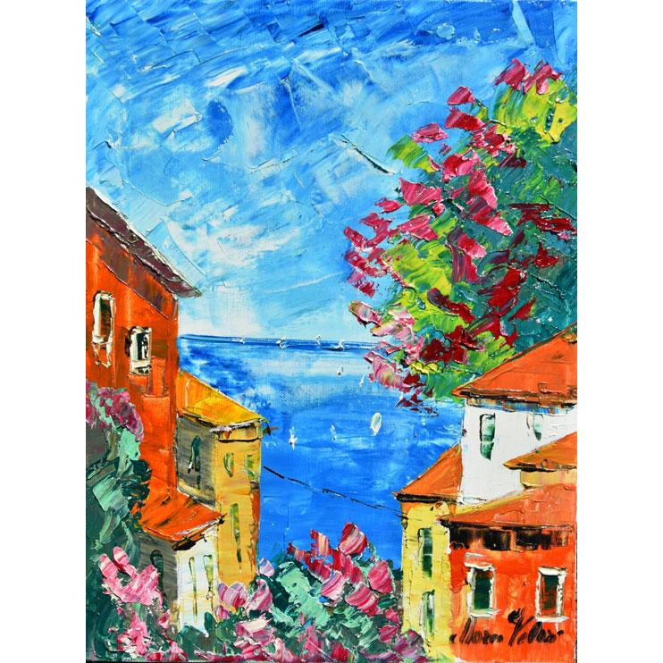 海の油絵 絵画 マルコ 作 海沿いの家並み イタリア風景画 リビング インテリア | 