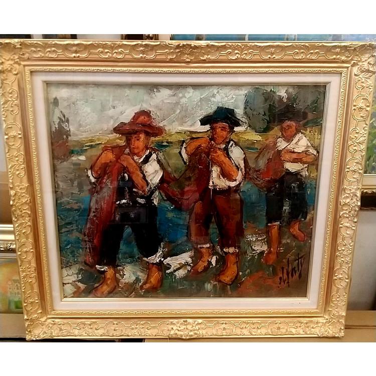 絵画 油絵 ダンティー（フランス） 作 「3人の漁師」 風景画