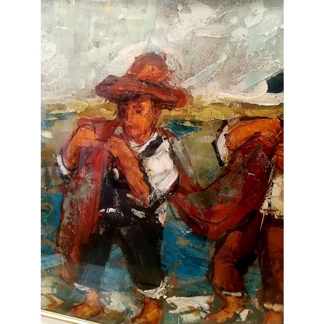 絵画 油絵 ダンティー（フランス） 作 「3人の漁師」 風景画