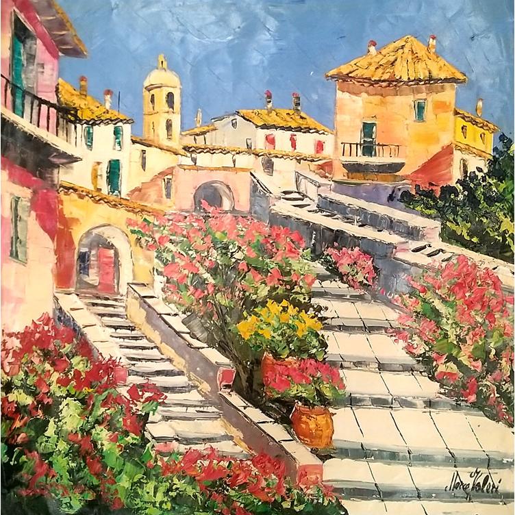 油絵 絵画 マルコ 作 花と階段のある風景 イタリア風景画 リビング インテリア 定価400,000円 | 