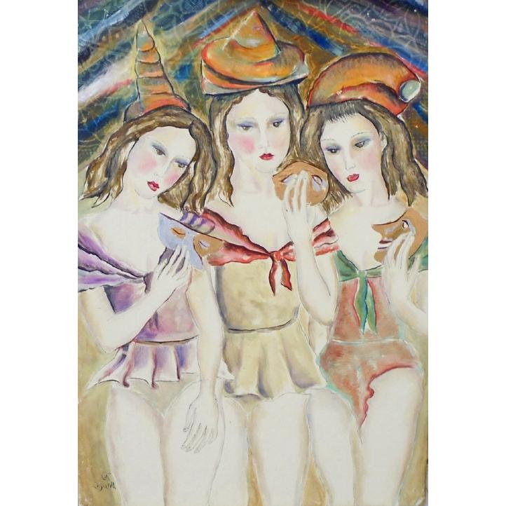 インテリア 絵画 人物油絵 小澤勇寿郎 作 仮面の少女たち 3号サイズ