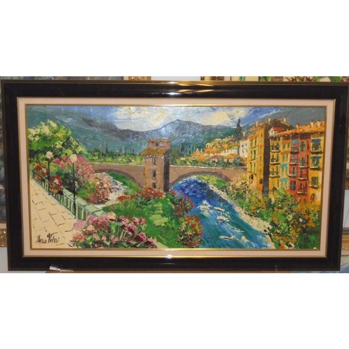 油絵 絵画 マルコ 作 イタリア・橋のある風景 インテリア リビング 定価400000円｜dipint
