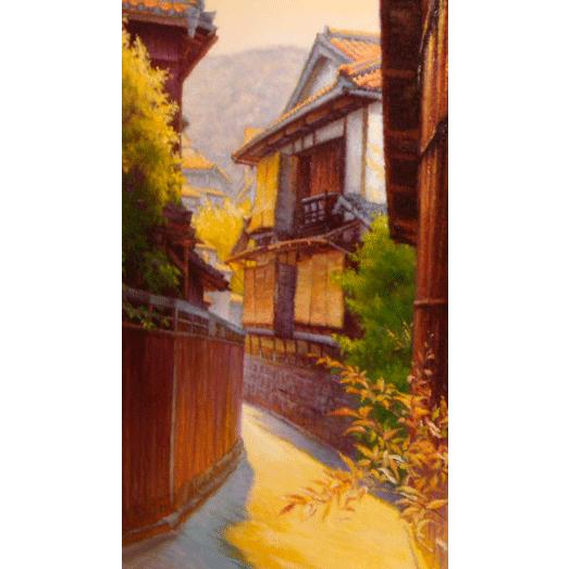 日本の古い町並みと自然が調和した風景 油絵 風景画 日本の古い町並み