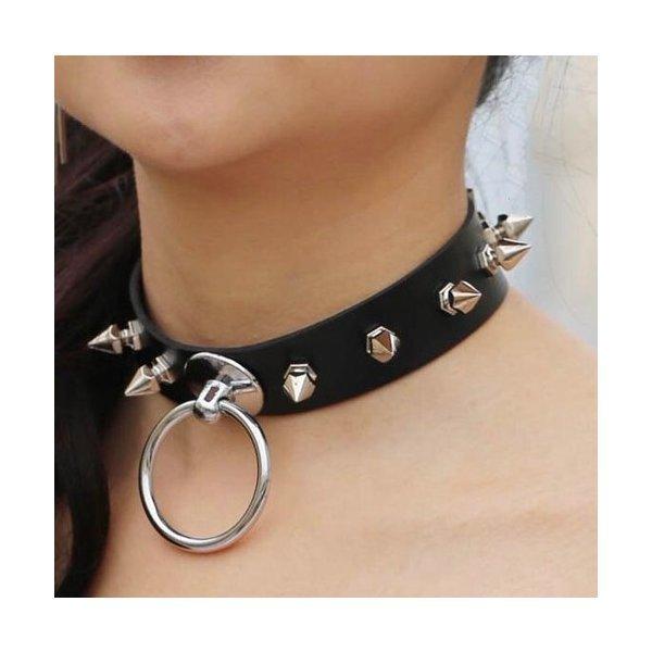 ブラック カラー トゲトゲスタッズ&リングタイプ レザーチョーカー