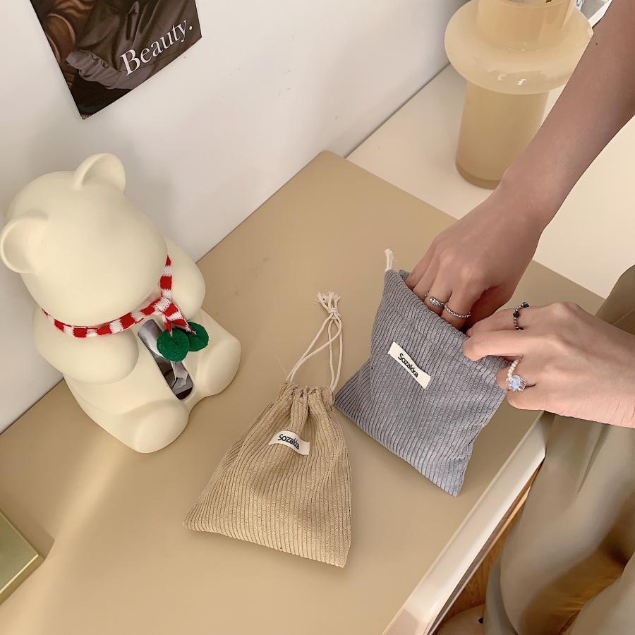 コーデュロイ ポーチ 巾着袋 韓国 レトロ 無地 化粧ポーチ シンプル おしゃれ かわいい 女子 中学生 高校生 レディース |  | 02