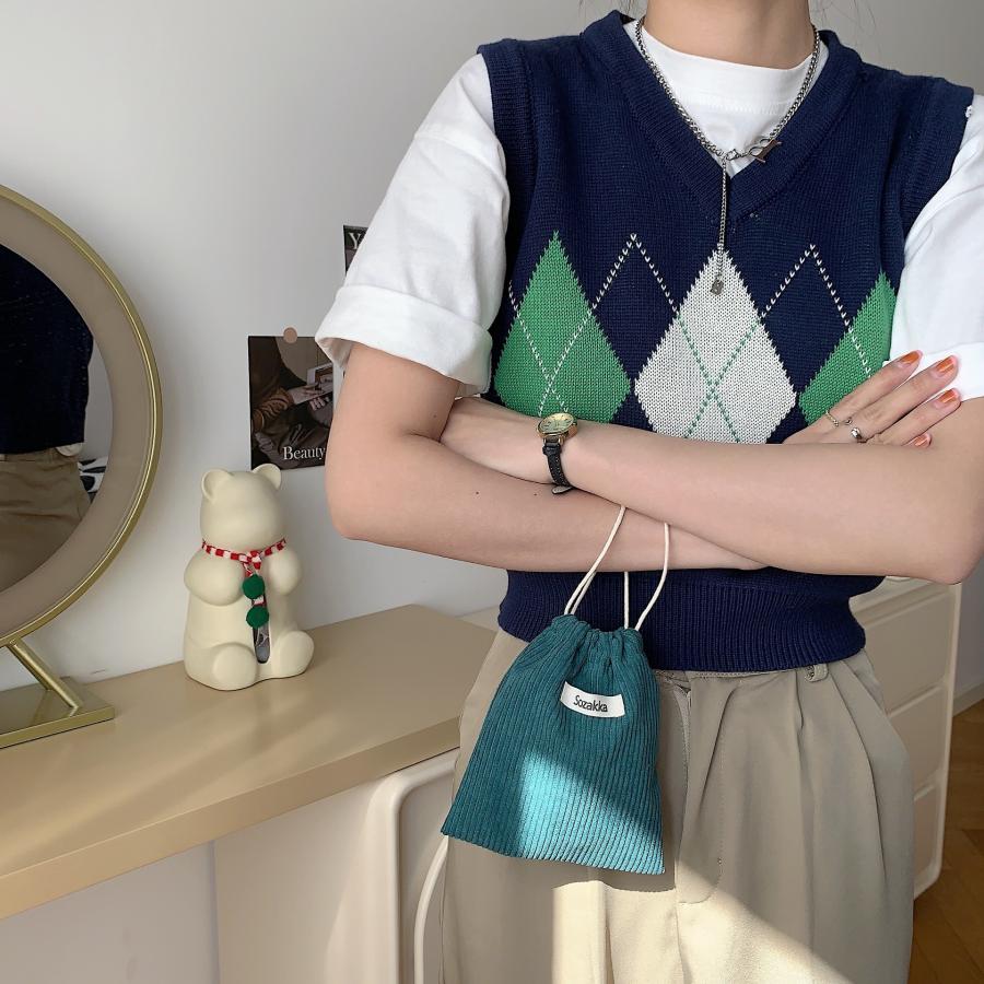 コーデュロイ ポーチ 巾着袋 韓国 レトロ 無地 化粧ポーチ シンプル おしゃれ かわいい 女子 中学生 高校生 レディース |  | 07