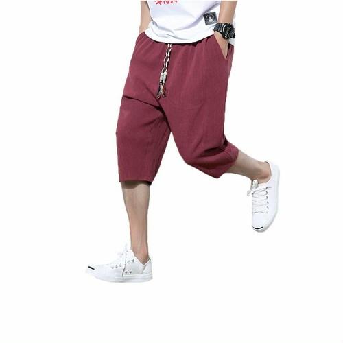 L サルエルパンツ 赤 ワインレッド メンズ ハーフパンツ サルエル ショートパンツ 麻 夏 七分丈 調整紐 工場直送