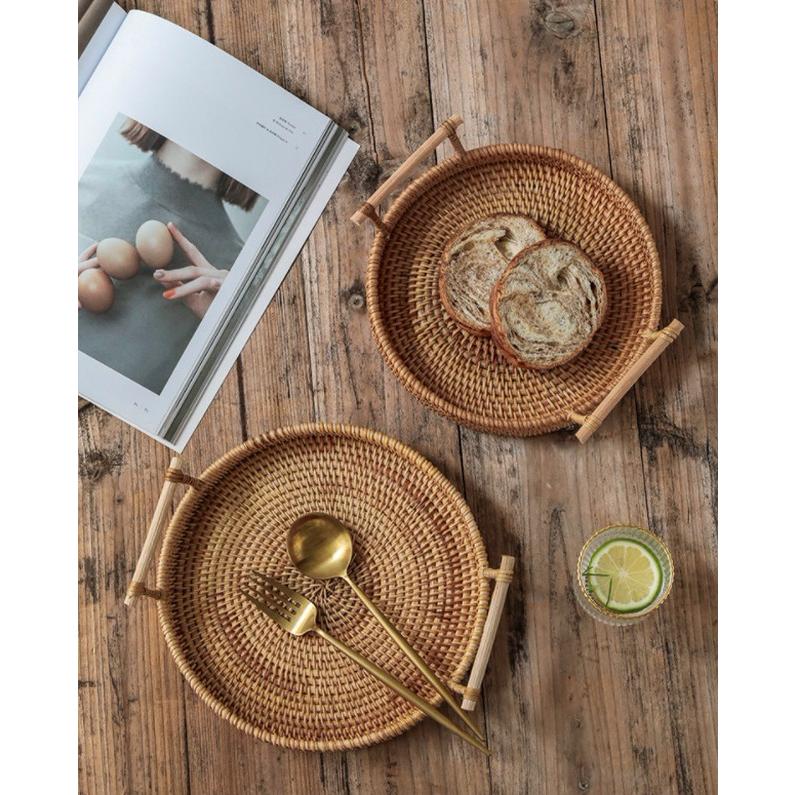 トレー トレイ ラタン 円形 丸型 おぼん 取っ手付き おしゃれ