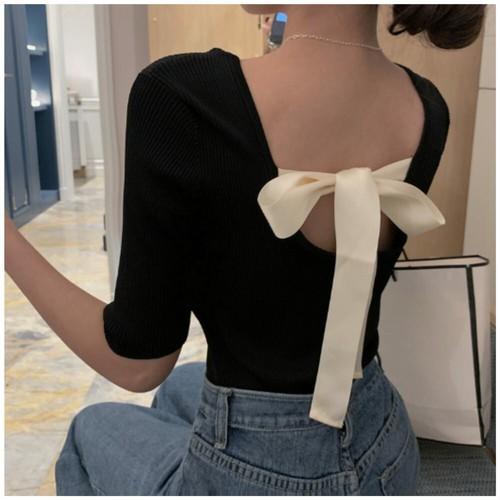 ブラック フリーサイズバックリボン かわいい サマーニット 半袖 大人ガーリーコーデ 後ろリボン ニット リボンニット トップス 無地 シンプル Zbza091 ダイレクト販売サービス ヤフー店 通販 Yahoo ショッピング