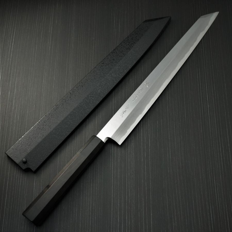 堺孝行 包丁 柳刃 切付柳刃 330mm 白一鋼 白虎 黒石目鞘 黒檀八角水牛
