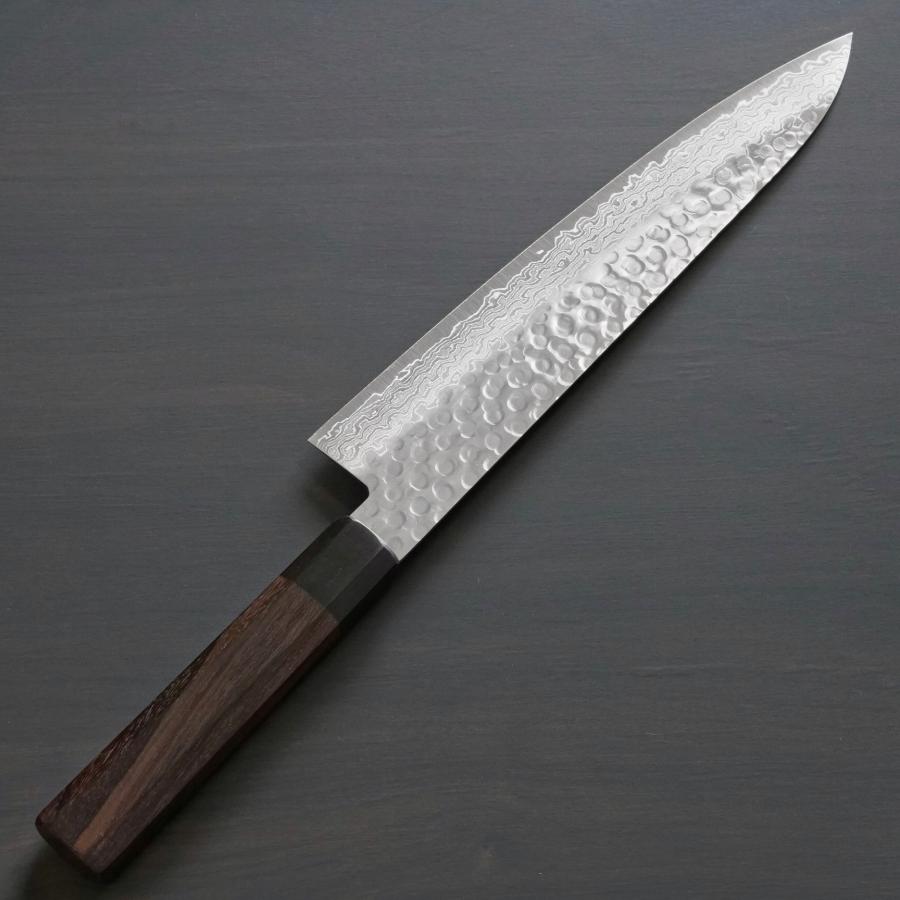 包丁 和牛刀 240mm 45層ダマスカス AUS10 ステンレス 槌目 紫檀柄 一心刃物 関市 日本製 すごく よく 切れる プロ ギフト ラッピング 送料無料の画像