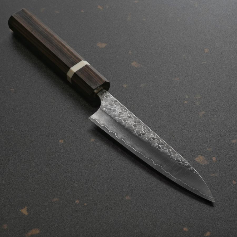 包丁 ペティナイフ 120mm 4寸 粉末ステンレスハイス スーパーゴールド2 槌目 鍛造 カトウ打刃物製作所 義実作 灰檀白リング柄 MINAMO 越前打刃物 日本製の画像