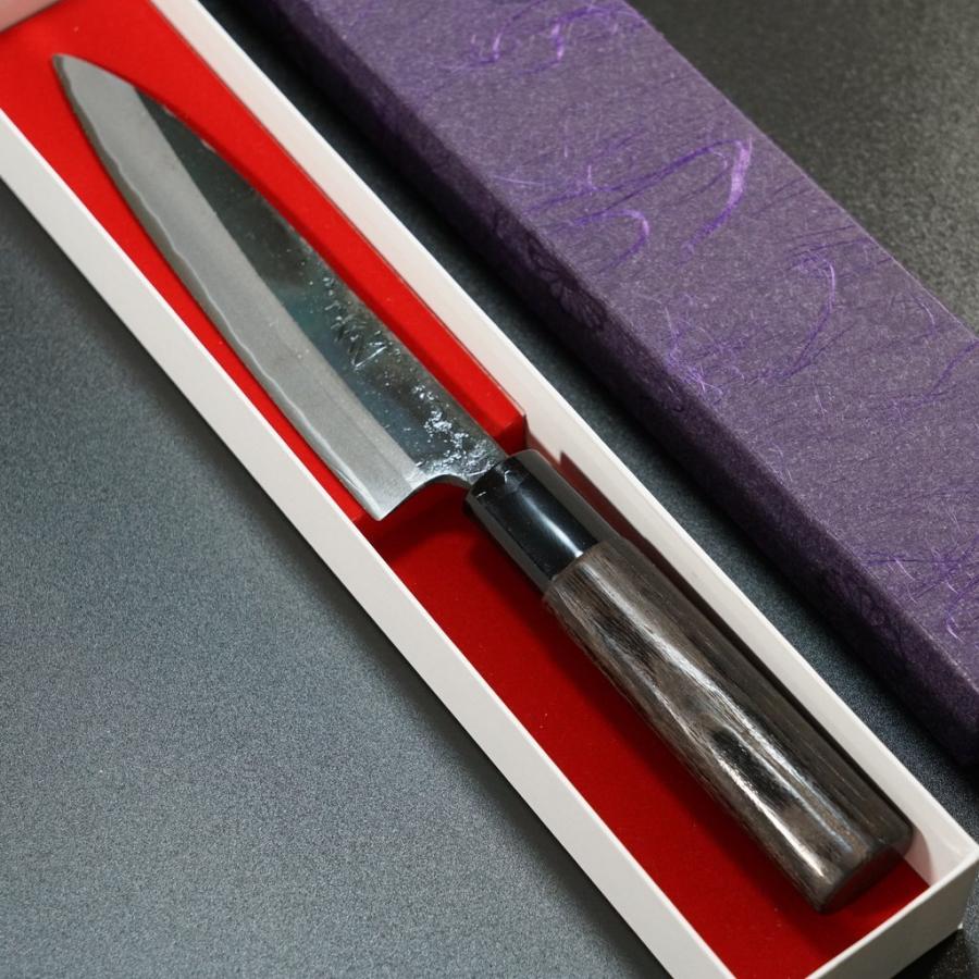 本焼　切付　ペティナイフ　150mm 包丁　5寸　和包丁　刃紋　黒檀　堺打刃物 包丁 ペティナイフ 150mm 本久一 青紙鋼 黒打 5寸 栗木柄 本久一