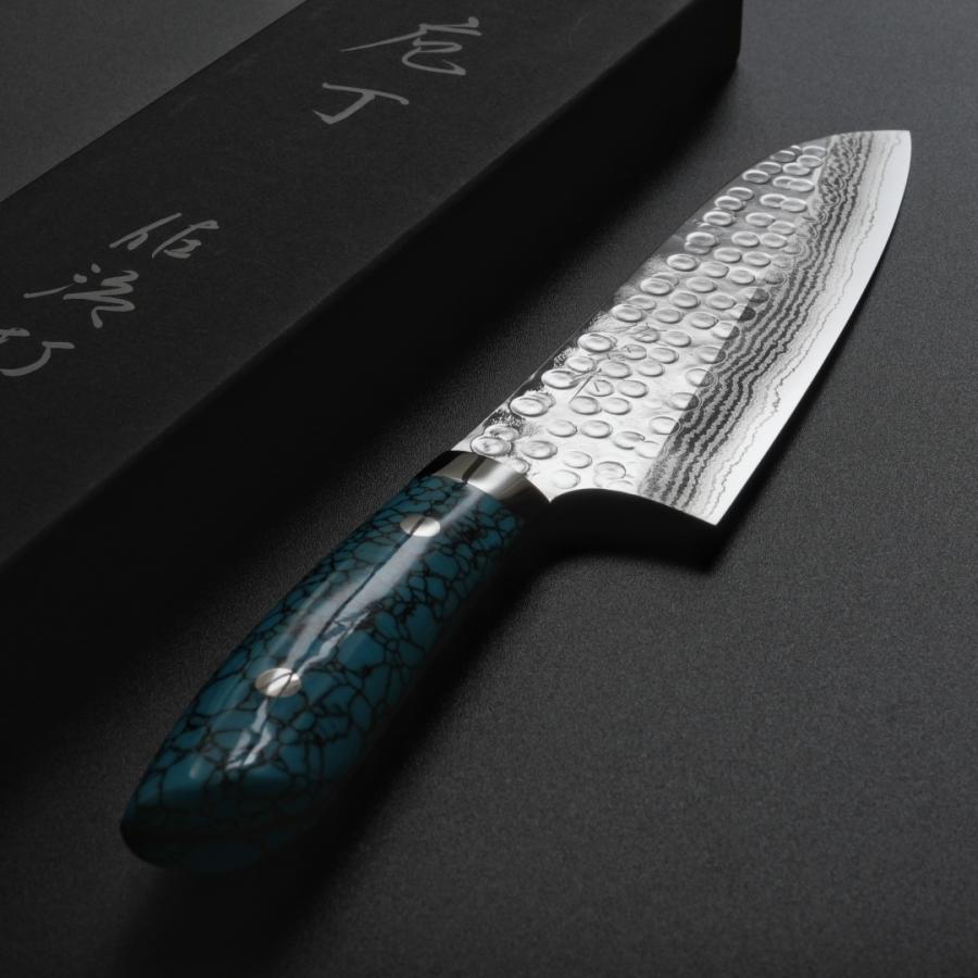 包丁 三徳包丁 180mm 佐治打刃物 槌目 SRS13 粉末ハイス鋼 6寸 ブルー