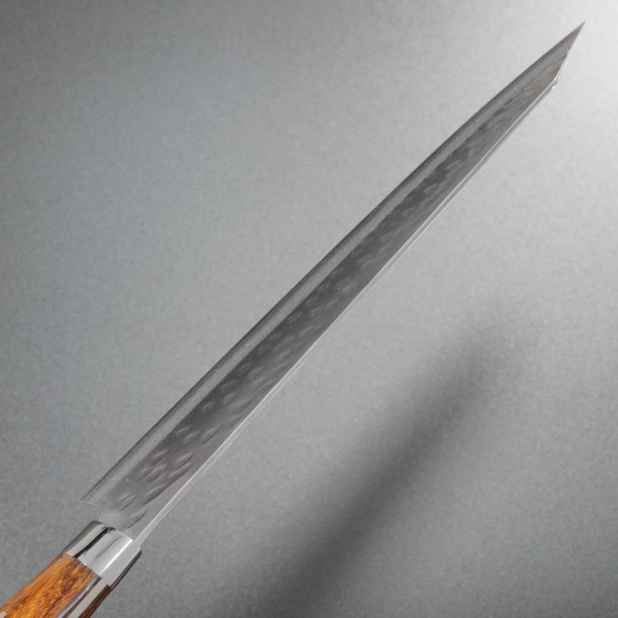 佐治作 牛刀 240ｍｍ SRS13 粉末ハイス鋼 槌目 黒合板洋柄 未使用品 佐治武士作『SRS13 粉末ハイス鋼 牛刀240』黒合板ハンドル