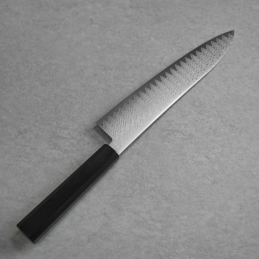 包丁 牛刀 210mm 寛丈 ウェイブダマスカス V金10号 ステンレス 黒檀柄