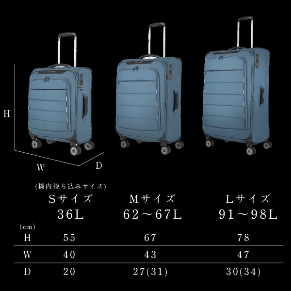 スーツケース Mサイズ 超軽量 トラべライト タイヤ 静音 片開き ソフト 62L TSAロック 1泊2日 旅行 日帰り ビジネス ブルー グレー｜dish｜12