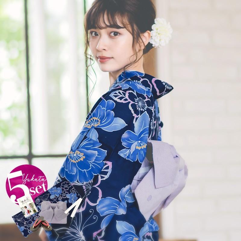 浴衣 レディース セット 浴衣5点セット ゆかた 作り帯 下駄 着付本 藍紺 女性 ネイビー 青 蝶 桜 さくら 上品 簡単 安い Dl 18kimuface24 浴衣 水着通販dita 通販 Yahoo ショッピング
