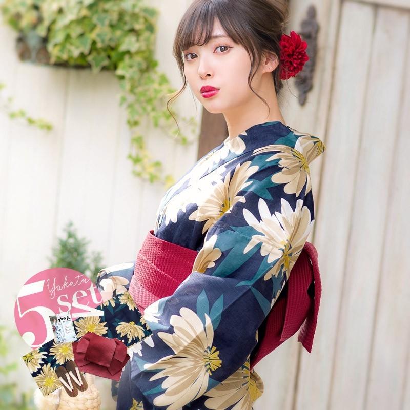 浴衣 レディース 2023 京都本格 女性浴衣5点フル セット(ゆかた 作り帯 下駄 腰ひも 着付マニュアル本) 紺 マーガレット 2023 ネイビー  :dl-kimucool84:浴衣・水着通販Dita - 通販 - Yahoo!ショッピング