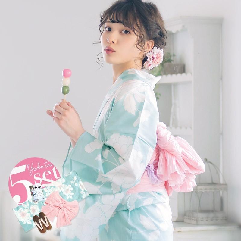 浴衣 セット レディース 大人 (ゆかた しわ兵児帯 下駄 着付け本 腰ひも)水色 ミント 花 かわいい モダン 2023年 :dl-wako13:浴衣・水着通販Dita 通販 水色チェックの可愛い浴衣!