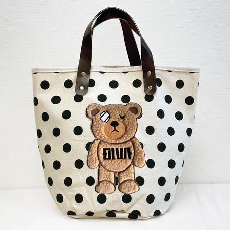 もこもこ 3D刺繍 くま クマ ドット柄 キャンバストートバッグ ランチ