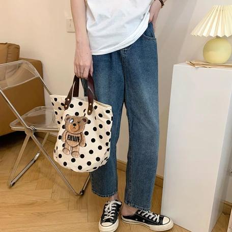 もこもこ 3D刺繍 くま クマ ドット柄 キャンバストートバッグ ランチ