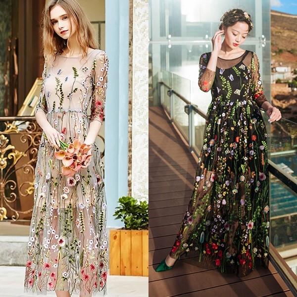 パーティードレス ワンピース 七分袖 袖あり 花刺繍 シースルー Aライン 大人可愛い マキシ ロングドレス インポート Divaセレクト Ys セレクトショップdiva 通販 Yahoo ショッピング