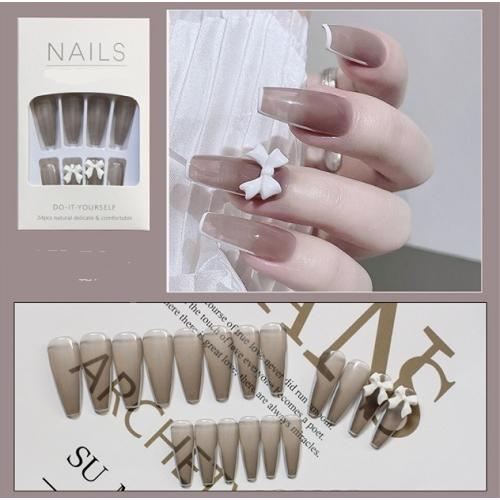 chip-012 ネイルチップ　付け爪　グレージュ　クリア感　シアー　リボン　デザインチップ　12サイズ　24枚入り |  | 01