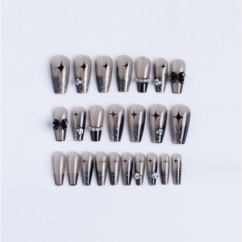 ネイルチップ　付け爪　ブラック　リボン　ラメ　フレンチ　ラインストーン　透け感　シック　オシャレ　ゴージャス　ギャル |  | 03