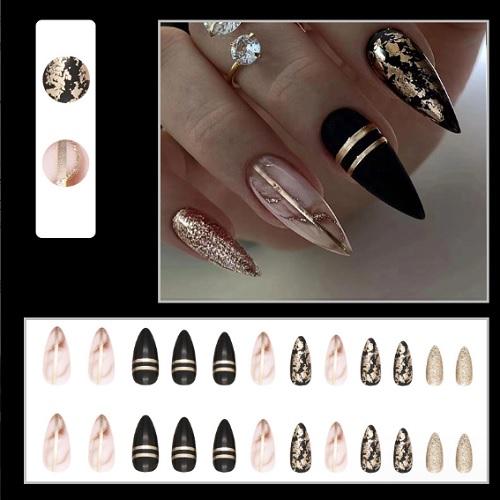 ギャルネイル　ネイルチップ　付け爪　24枚　ブラック　黒　ゴールドライン　ザクザク　ラメ |  | 01