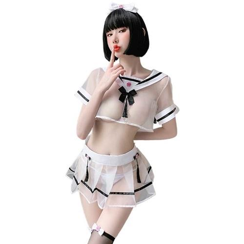 セーラー服 セクシー コスプレ ランジェリー コスチューム 半袖 可愛い シースルー JK 制服 学生 女子高生 ストッキング付き | 