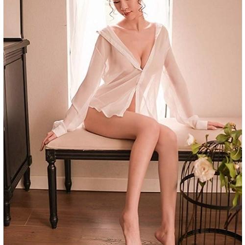 レディースシャツ風 Tシャツ  魅せる 長袖 パジャマ シースルー シャツ ブラウス スリップ コスプレ 衣装 （シースルーシャツ＋Tバック 2点セット） |  | 04