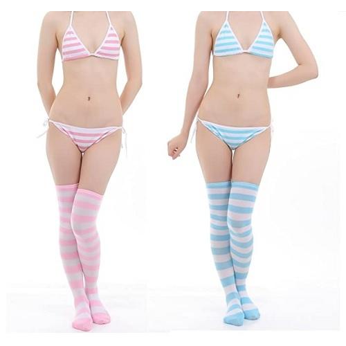 アニメ コスプレ 縞パン　ボーダー 3点セット （パンツ、ブラ、ニーハイソックス） | 