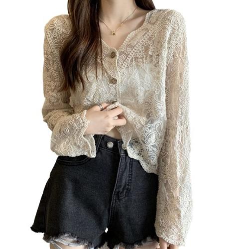 刺繍　カーディガン レース レディース  トップス 冷房対策  Vネック  長袖  可愛い お洒落  肌魅せ トレンド 通勤 日常 夏 初秋 | 