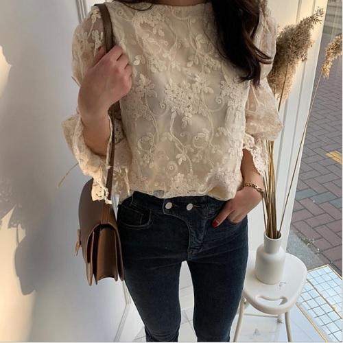 シースルー　トップス　レース トップス ブラウス レディース 長袖 レーシャーリング 可愛い　花柄 刺繍　バルーン袖　リボン |  | 01
