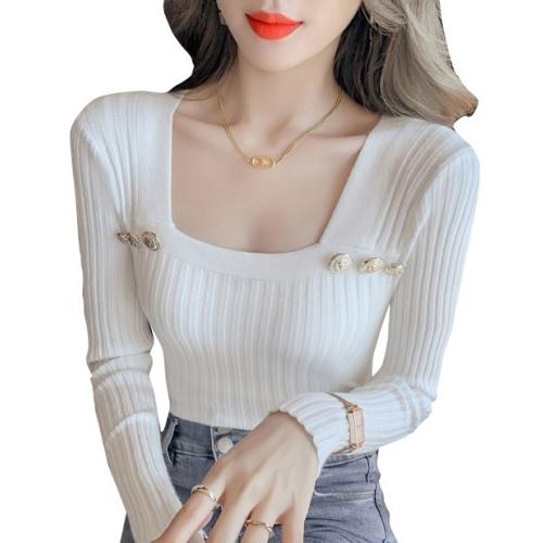 春秋　レディース　リブニット　トップス　スリムフィット　シャツ　ブラウス　3色展開　フリーサイズ　金ボタンデザイン | 