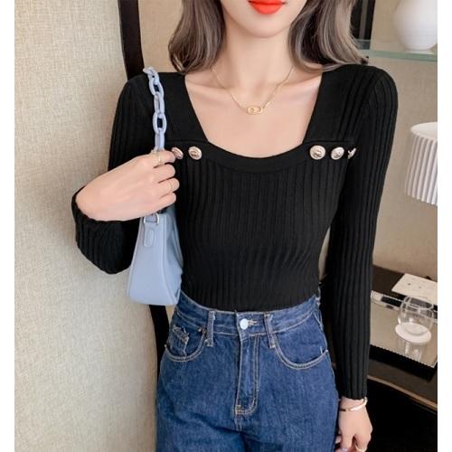 春秋　レディース　リブニット　トップス　スリムフィット　シャツ　ブラウス　3色展開　フリーサイズ　金ボタンデザイン |  | 03