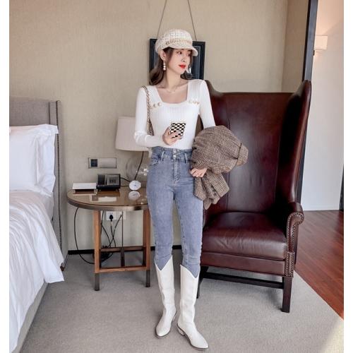 春秋　レディース　リブニット　トップス　スリムフィット　シャツ　ブラウス　3色展開　フリーサイズ　金ボタンデザイン |  | 04